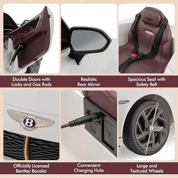 Costzon Ride on Car, 12V Licensed Bentley Bacalar Battery Powered Kids' Electric Vehicles w/Remote Control, Scissor Doors, Wireless Connection, Lights/Sound Effects, Kids Car Toys for Toddlers(White)-CubbioJoy