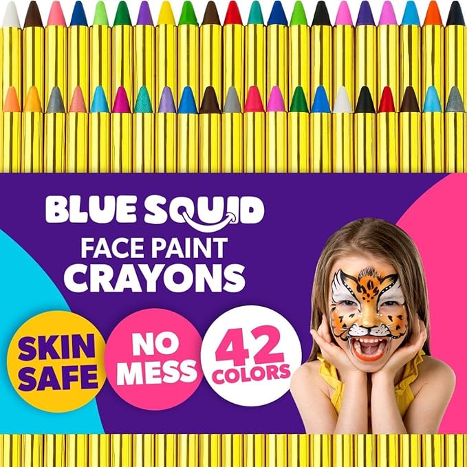 Blue Squid Face Paint Crayons for Kids - 42pcs XL Non-Toxic, Washable Body Paint Crayons - Our Face Painting Kit Makeup Sticks are Easy to Use, Safe for Sensitive Skin and Perfect for a Kids Party-CubbioJoy