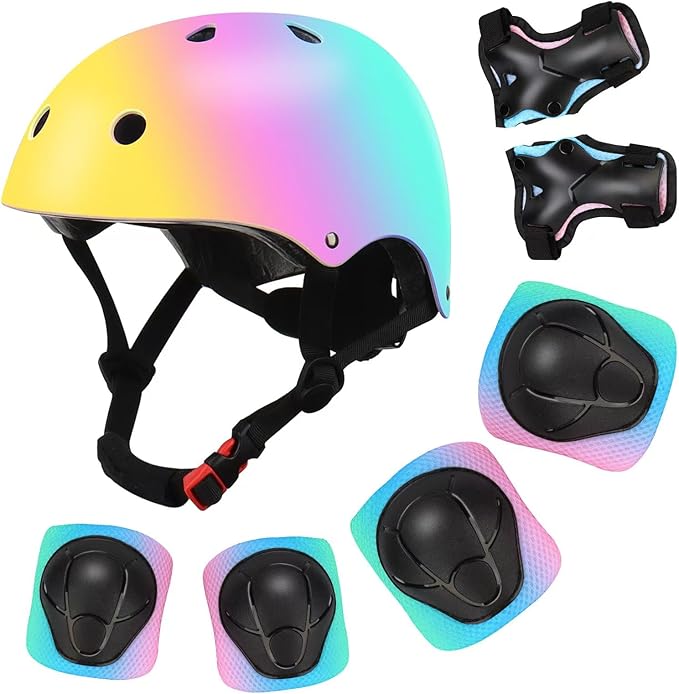 Color Gradient Adjustable Kids' Helmet with Knee & Elbow Pads Set | Multi-Sport Safety Gear for Boys & Girls Ages 5-14 | Skateboarding, Scooters, Roller & Inline Skating, Longboarding-CubbioJoy