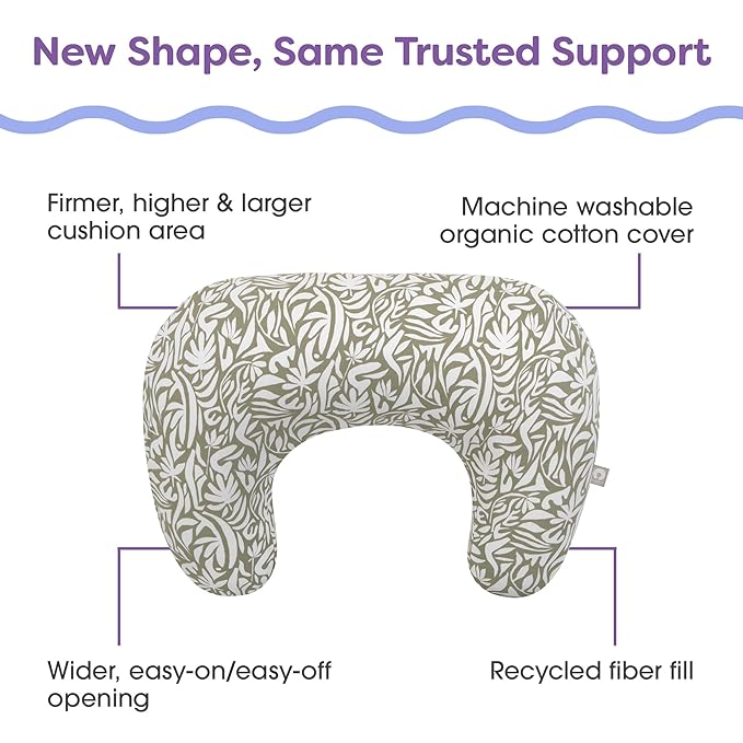 Boppy Nursing Pillow - Ergonomic Bottle & Breastfeeding Pillow, Higher, Firmer & Larger, Water-Repellent with Washable Organic Cotton Cover, Baby Safety Alliance Verified - Green Cut Out Leaves-CubbioJoy
