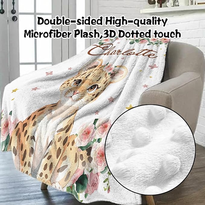 Custom Nursery Crib Bedding Set: Personalized Name 4 Piece Floral Leopard Design Baby Crib Sets for Girls - Toddler Double Layer Blanket Set, Comfortable Crib Bed Sheets for Baby Toddlers-CubbioJoy