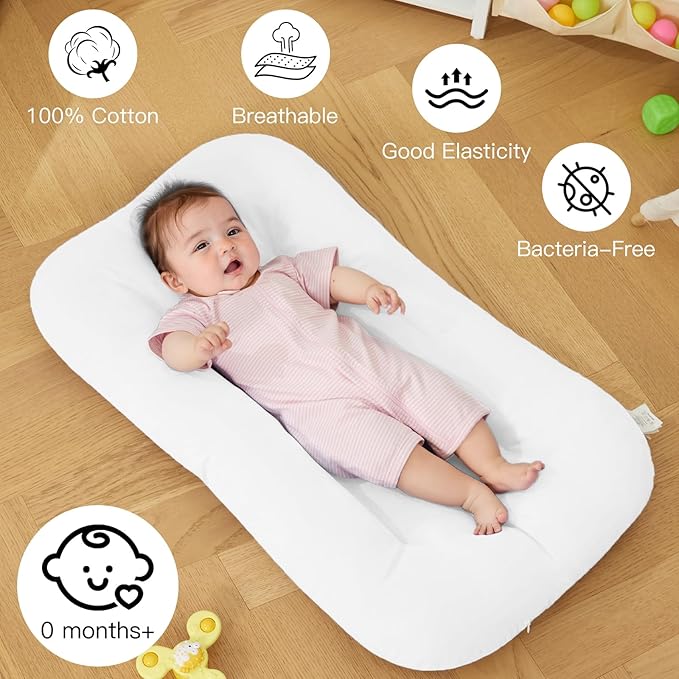 Baby Lounger for Newborn, Bionic Design Baby Lounger, Soft Organic Cotton Breathable Lounger for Infants 0-18 Months (White)-CubbioJoy