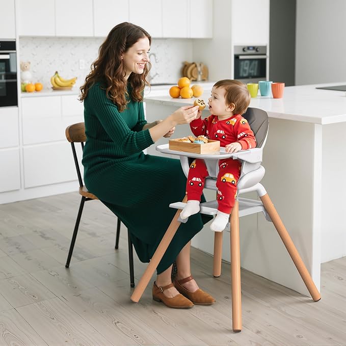 Baby High Chair, Highchair for Baby & Toddler, Easy Clean Infant Highchair, 6 in 1 Feeding High Chair with Removable Double Tray and Waterproof PU Cushion, Wooden Legs, Champagne-CubbioJoy