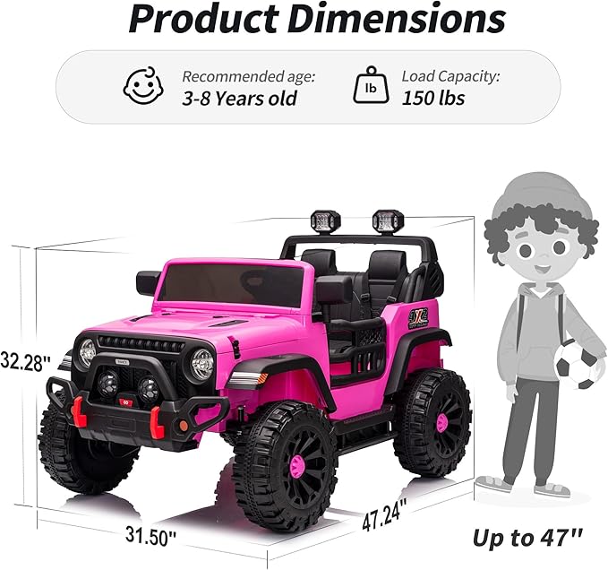 2 Seater Ride on Car Truck, 12V Kids Electric Ride on Toy for Big Kids Age 3-8 w/Remote Control- Hot Pink-CubbioJoy