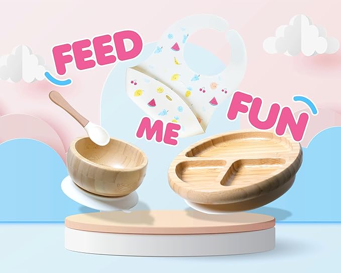 Bamboo Baby Feeding Set for Infants & Toddlers - Baby Essentials, Non-Toxic, Sustainable, Bamboo Suction Plate & Bowl, Bib, Sippy Cup w/Lid & Straw, Daily Use, Travel, Baby Shower Gifts (Vanilla)-CubbioJoy