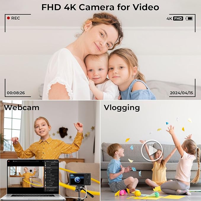 Digital Camera FHD 4K Kids Camera 44MP with 64GB SD Card 2 Batteries Autofocus 16X Digital Zoom Compact Portable Point and Shoot Digital Small Vintage Camera for Teens Boys Girls Students (Black)-CubbioJoy