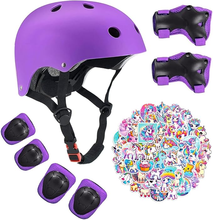 Kids Bike Helmet with Knee Elbow Wrist Pads Guards,Pink,for Ages 2-3-5-8-14,Sports Bicycle,Skate Scooter,Rollerblading with Unicorn Sticker-CubbioJoy