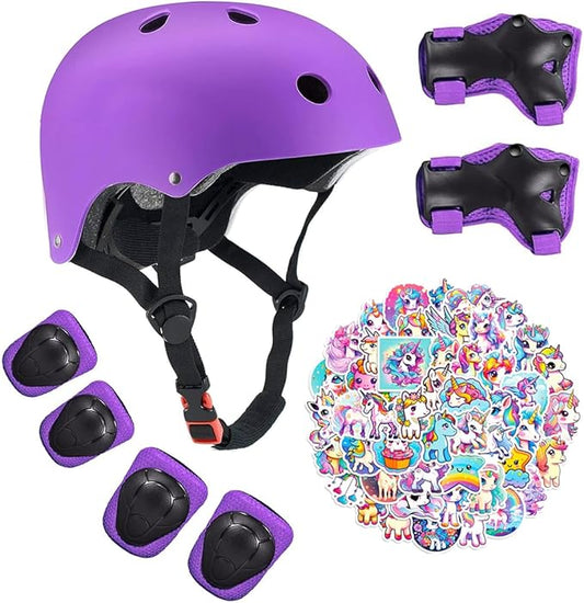 Kids Bike Helmet with Knee Elbow Wrist Pads Guards,Pink,for Ages 2-3-5-8-14,Sports Bicycle,Skate Scooter,Rollerblading with Unicorn Sticker-CubbioJoy