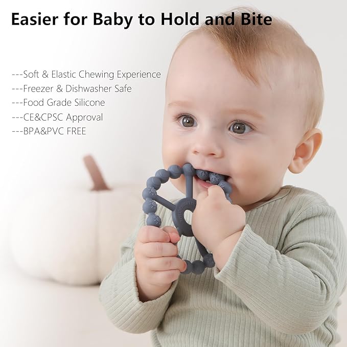 3 Pack Ring Teether Baby Infant Toys, Baby Essentials, Silicone Teething Ring Toys for Babies 0-6 Months, Seposeve Toddler Teethers 6-12 Months 12-24 Months, Infant Teething Relief, Brown Green Blue-CubbioJoy