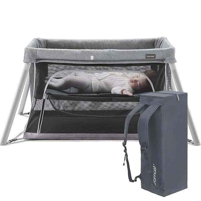 2 in 1 Portable Travel Crib for Toddler, Foldable Crib for Baby, Lightweight Playpen Collapsible Playard with Soft Mattress, Easy to Carry Baby Travel Bed for Outdoor, Indoor (Grey)-CubbioJoy