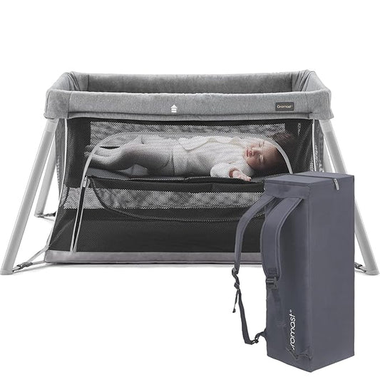 2 in 1 Portable Travel Crib for Toddler, Foldable Crib for Baby, Lightweight Playpen Collapsible Playard with Soft Mattress, Easy to Carry Baby Travel Bed for Outdoor, Indoor (Grey)-CubbioJoy