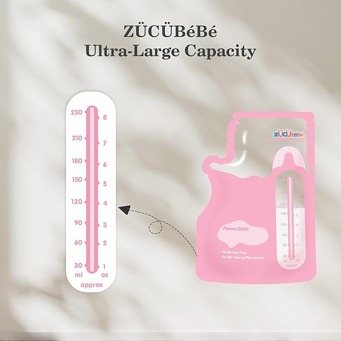 Breastmilk Storage Bags(50 Count)，8oz Milk Storage Bags for Breastfeeding，BPA Free with Easy Pour Spout, Self Standing, for Refrigeration and Freezing Red-CubbioJoy