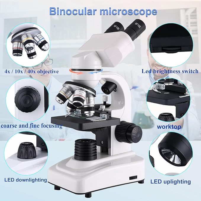 Compound Microscope，40X-2500X Research Class Professional Microscope，WF10x and WF25x eyepieces, Dual LED Lighting and Two-Layer Mechanical Stage，Microscope for Adults…-CubbioJoy