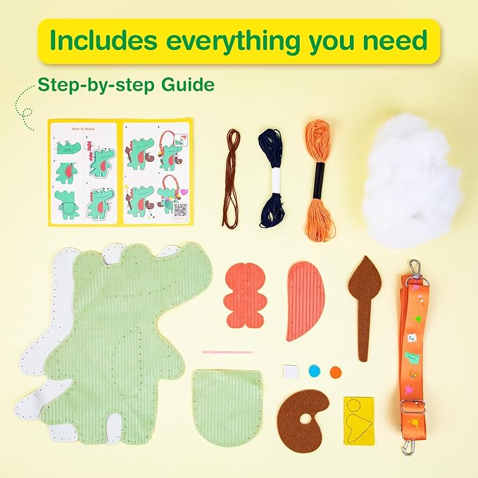 Avenir Sewing Kit for Kids Birthday Gifts for Kids Aged 6 Corduroy Fabric With Shoulder Strap Safe Needles Pre-cut Felt Easy DIY Arts and Crafts for Boys and Girls Stuff No Mess with Full Instructions-CubbioJoy