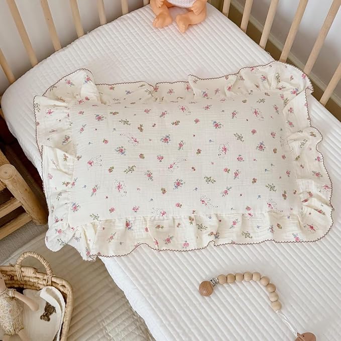 BuLuTu 100% Cotton Standard Pillow Case for Kids, 1 pc, 20"x26", Pink Floral Sheep Design Pillow Cover Muslin Gauze Pillow Protector for Children Girls Boys Bedding Gift, Envelope Closure-CubbioJoy