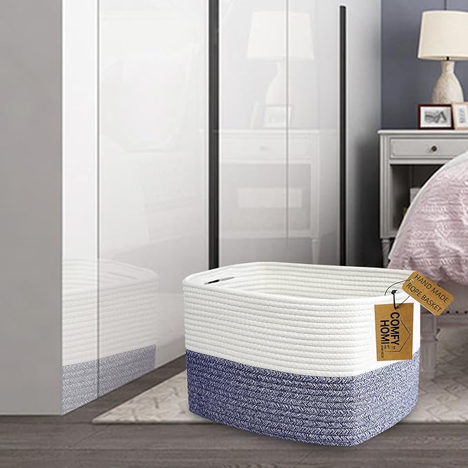 COMFY-HOMI Medium Cotton Rope Basket With Handles for Shelves|Dog Toy|Baby Gift Basket Empty for Organizing|NEW Generation 13.5" x 11" x 9.5" Living Room (Navy Blue)-CubbioJoy