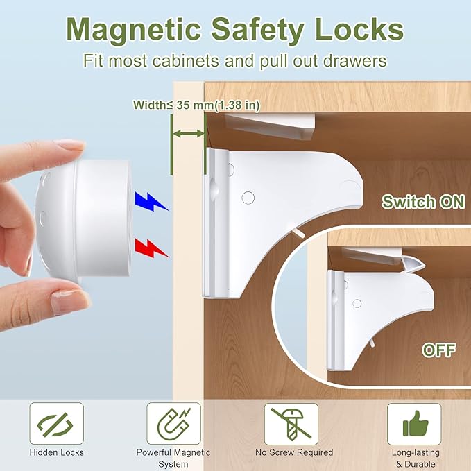 Child Safety Magnetic Cabinet Locks, AOSITE 12 Pack+3 Keys Baby Proofing Magnetic Drawer Locks for Kitchen with Adhesive No Drilling or Screws Fixed, 4 Baby Safety Cabinet Locks for Knobs-CubbioJoy