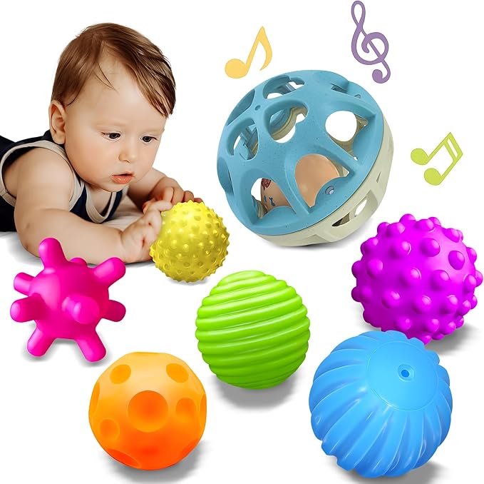 Sensory Toys for Babies, Montessori Textured Baby Balls and Wheat Straw Rattle, Baby Toys for 6-12 Months, Ideal Newborn Gifts for Boys and Girls, Toddler Toys for 1-3-CubbioJoy