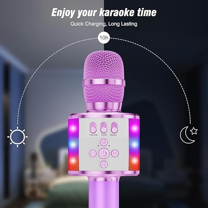 BONAOK Karaoke Microphone for Kids & Adults - Bluetooth Microphones Singing Mic with Disco Lights, Echo Effect, Built-in Speaker Portable Karaoke Player for Party Travel Gifts Q78(Light Purple)-CubbioJoy