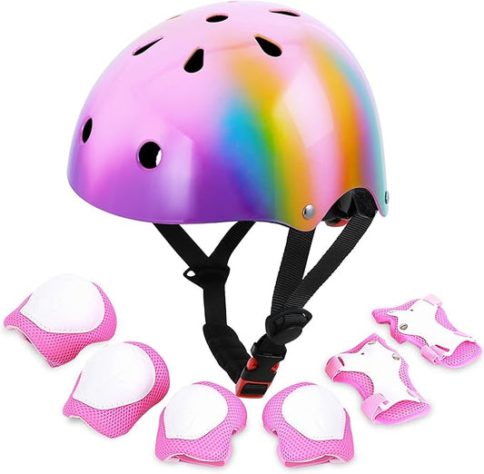 Kids Bike Helmet with DIY Stickers and Knee Pads Elbow Pads Wrist Guard Set for Ages 3-8-14 Toddler Boys Girls Helmet for Roller Skates Cycling Skateboarding Bicycle Scooter-CubbioJoy