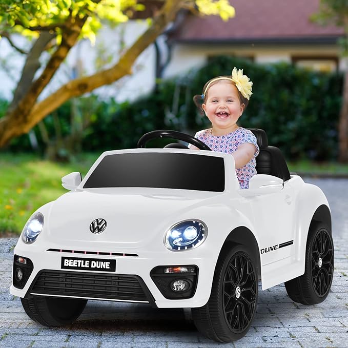 Costzon Ride on Car, 12V Licensed Volkswagen Beetle Battery Powered Vehicle w/Remote Control, Spring Suspension, Lights, USB, Horn, Music, 4 Wheeler for Boy Girl Gift, Electric Car for Kids, White-CubbioJoy