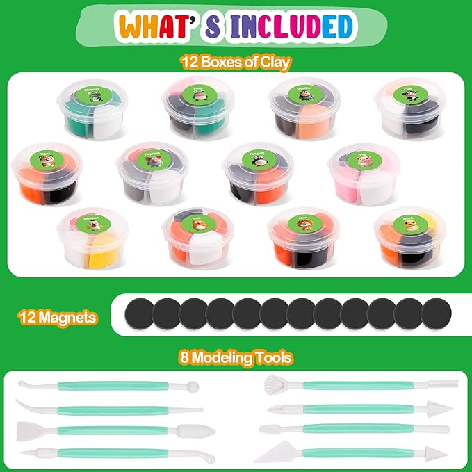Air Dry Clay Kits for Kids, Arts and Crafts for Kids Ages 8-12, DIY 12 Animals Magic molding Clay Set with Sculpting Tools & Magnets, Modeling Toys for Boys & Girls Ages 4 5 6 7 8+ Years Old-CubbioJoy