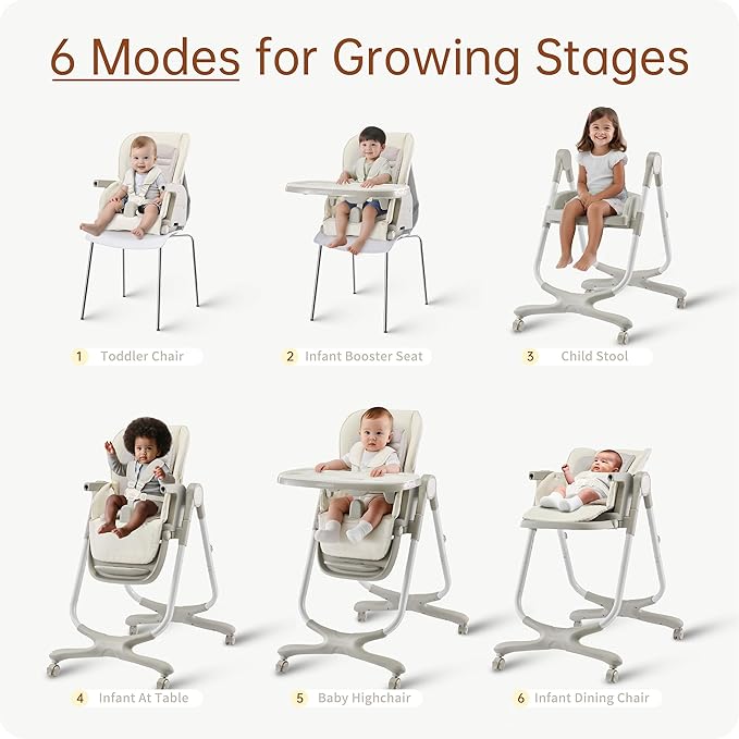 6 in 1 Convertible High Chairs for Babies and Toddlers,Portable High Chair with Dishwasher Tray and 4 Wheel,Booster Seat for Dining Table,Foldable Toddle and Baby Feeding Highchair (White)-CubbioJoy