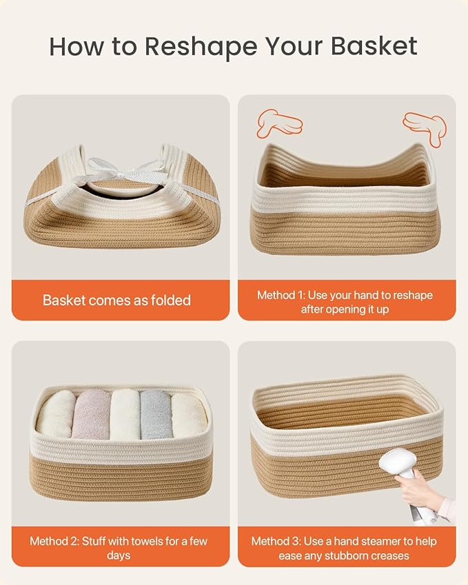 KALLAX Small Woven Basket, 13.5 x 9.5 x 5 Inches, Storage Basket for Organizing, Cute Small Rope Shelf Closet Cube Storage Bins Baskets for Shelves, Dog Toy Gift Baskets Empty, 3 Pack White & Brown-CubbioJoy