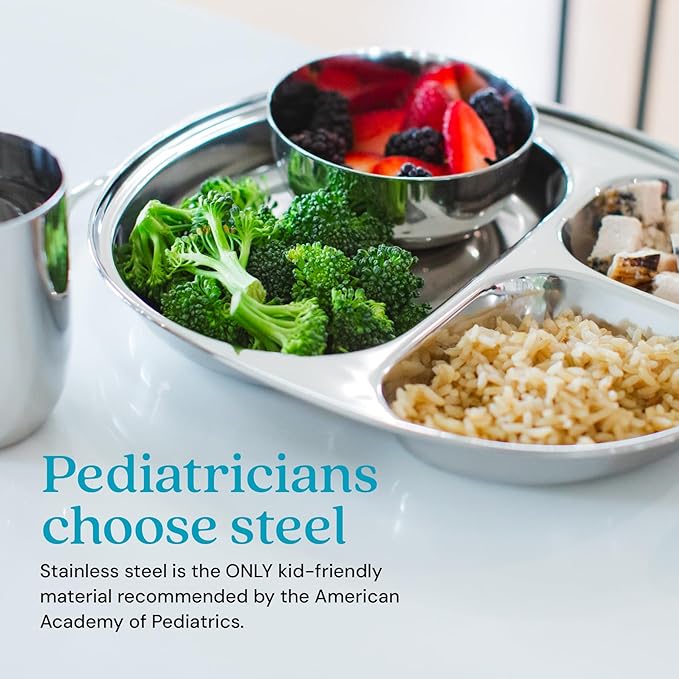 Ahimsa Stainless Steel Plates for Kids - Divided Plates for Toddlers, Pediatrician Designed, Non Toxic Toddler Plate, Camping Plate, BPA Free & Dishwasher Safe (Set of 4)-CubbioJoy