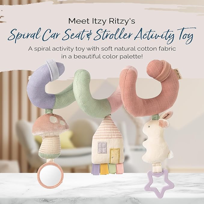 Itzy Ritzy Spiral Car Seat & Stroller Activity Toy - Stroller & Car Seat Toys for Ages 0 Months and Up - Hanging Toys Include Dangling Ring, Mirror and Textured Ribbons (Pastel Rainbow)-CubbioJoy