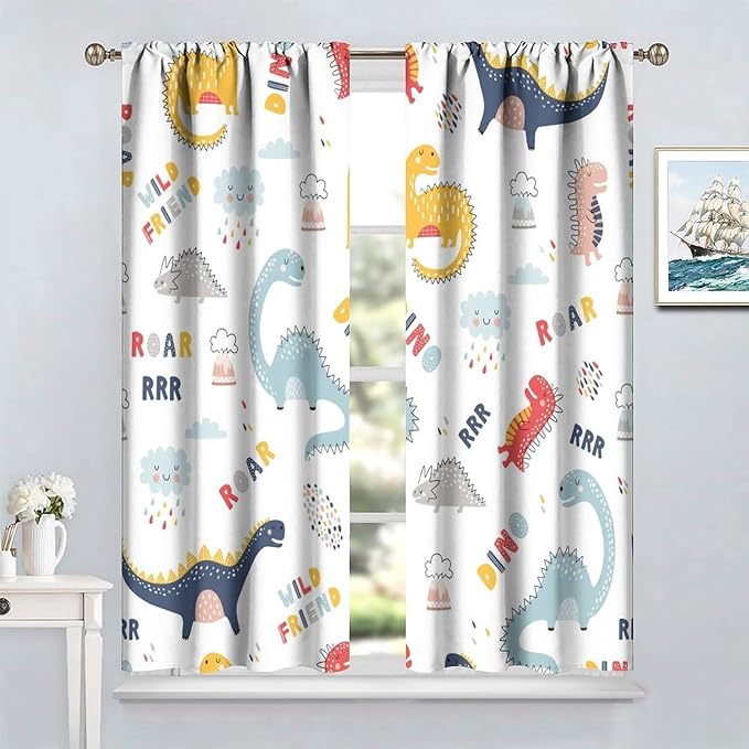 Cartoon Dinosaur Curtains for Kids Boys Girls Home Decor Colorful Cute Dino Animals Print Pattern Rod Pocket Blackout Window Drapes for Nursery Baby Bedroom Playroom W31.5xL72in 2 Panels-CubbioJoy