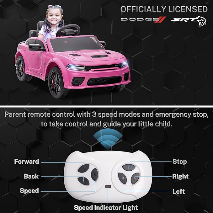 12V 7Ah Kids Electric Ride on Car, Licensed Dodge Charger SRT Hellcat, Battery Powered 4-Wheels Toy Car Electric Vehicle for Kids with Remote Control, 3 Speeds, LED Lights, Music (Pink)-CubbioJoy