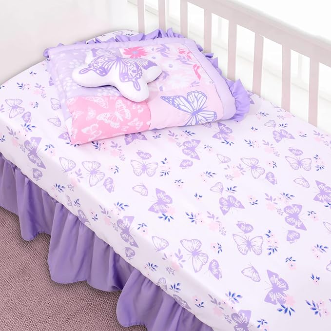 Cloele Crib Bedding Set for Girls, 3 Pieces Floral Butterfly Baby Bedding Set -Includes Comforter Fitted Sheet Crib Skirt,Standard Size Nursery Baby Crib Set for Girls,Purple-CubbioJoy