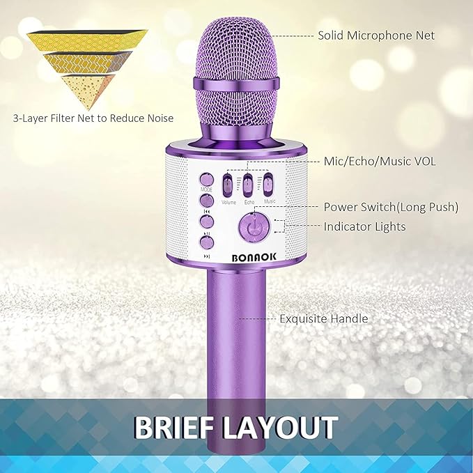 BONAOK Wireless Bluetooth Karaoke Microphone, 3-in-1 Portable Handheld Mic Speaker Machine for All Smartphones, for Girls Boys Kids Adults All Age Q37(Light Purple)-CubbioJoy