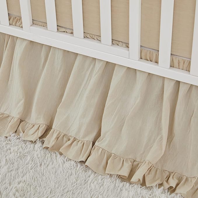 Brandream Gender Neutral Boho Bohemian Baby Girl Boy Nursery Crib Bedding Set 3 Pieces Solid Beige Farmhouse Chic Ruffle Unisex Cozy 100% Washed Cotton-CubbioJoy