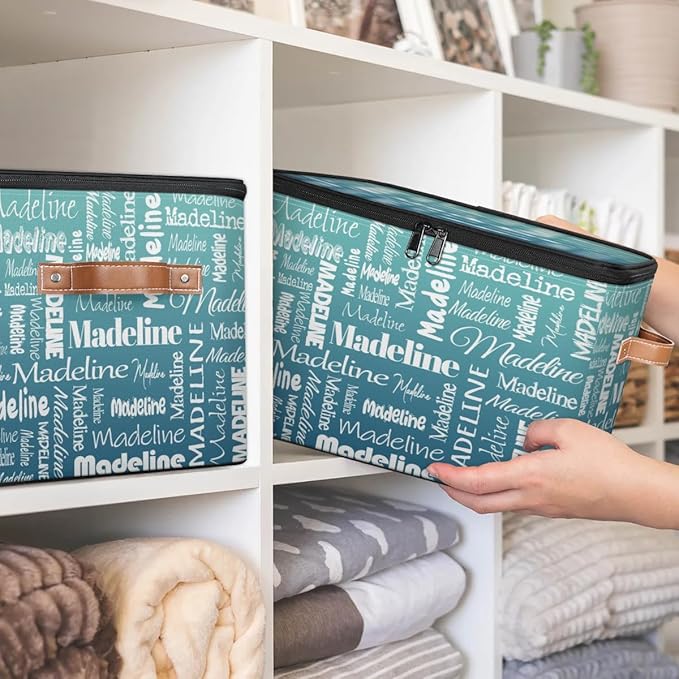 Custom Storage Basket with Name, Personalized Storage Bins with Zipper Lid, Foldable Fabric Storage Box Large capacity with Handle Grey Blue Green-CubbioJoy