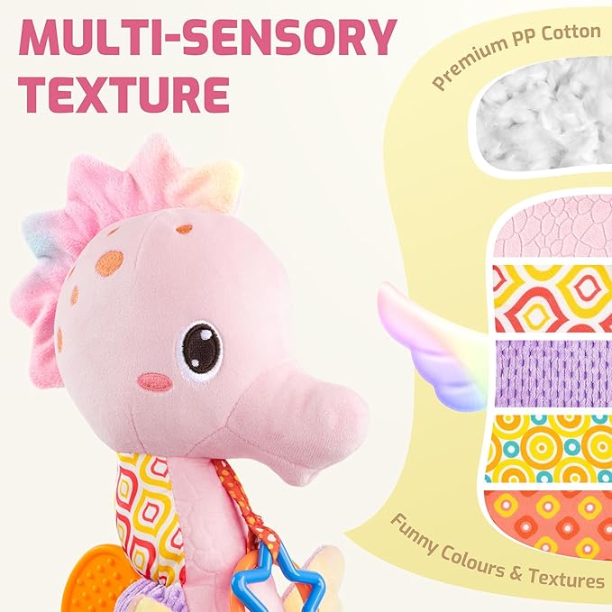 Sumobaby Infant Baby Musical Stuffed Animal Activity Soft Toys with Multi-Sensory Crinkle, Rattle and Textures, for Tummy Time Newborn 0-3-6-12 Months Girls,Seahorses, Pink-CubbioJoy
