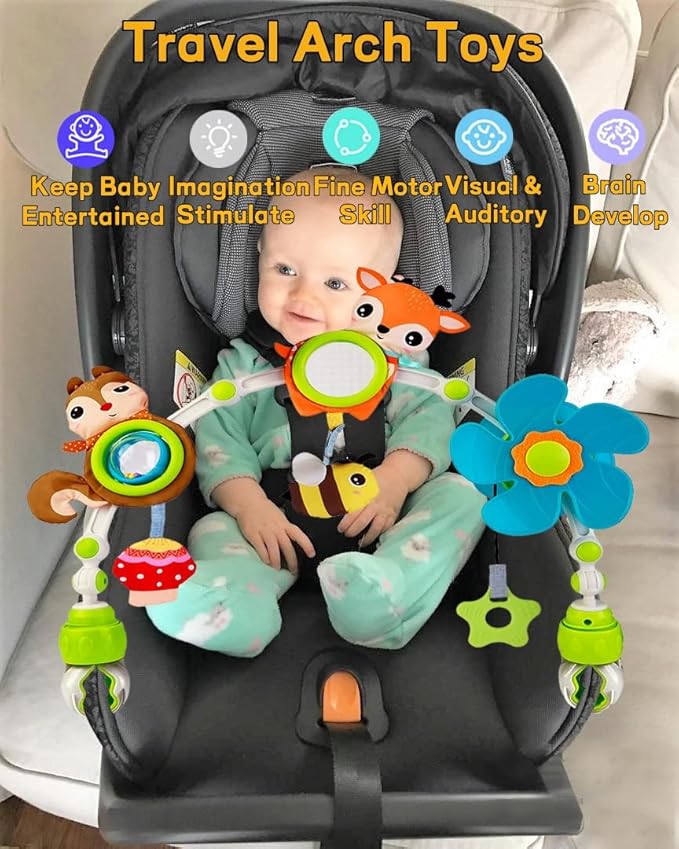 Baby Stroller Arch Mobile, Adjustable Musical Cirb Mobile Toys with Universal Clamps, Versatile Activity Toy Bar for Baby Bouncer Infant Car Seat Toy Stroller Toys Mobile for Bassinet Crib - Orange-CubbioJoy