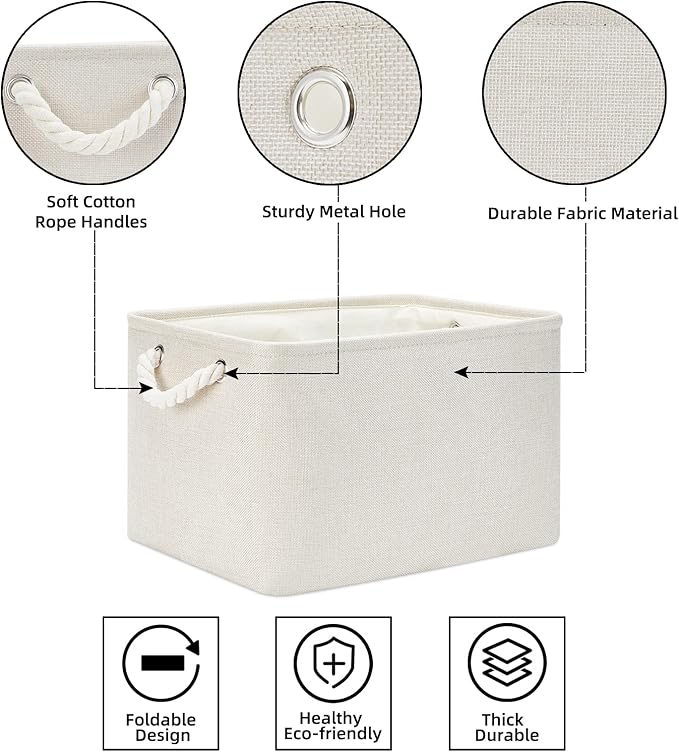 Bidtakay Baskets Collapsible Large Toy Storage Baskets for Organizing Set of 3 Closet Organizer Linen Cream Storage Bins 15 X 11 X 9.5 Inch Shelf Organizer Bins for Nursery Storage (Light Beige)-CubbioJoy