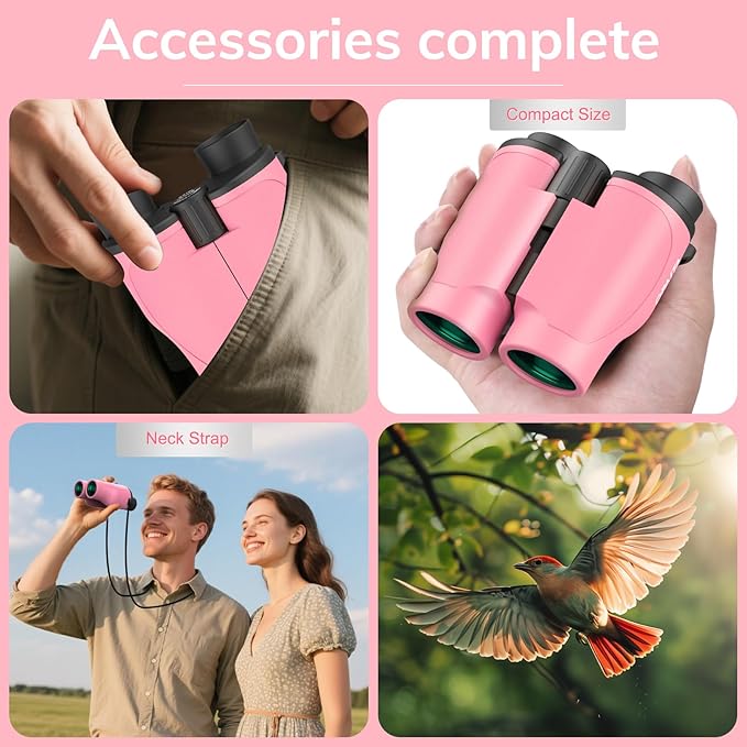 Compact Binoculars for Adults High Powered - OPAITA 20x32 Small Binoculars for Adults Kids with Low Light Vision for Hunting Cruise Ship Travel Concert Hiking Pink-CubbioJoy