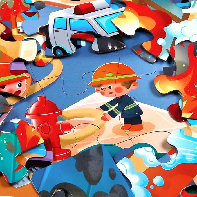 Jumbo Floor Puzzle for Kids,Fire Rescue Jigsaw Large Puzzles,48 Piece Firefighter Fireman Fire Truck Puzzle for Toddler Ages 3-5,Children Learning Preschool Educational Toys,Gift for 4-8 Years Old-CubbioJoy