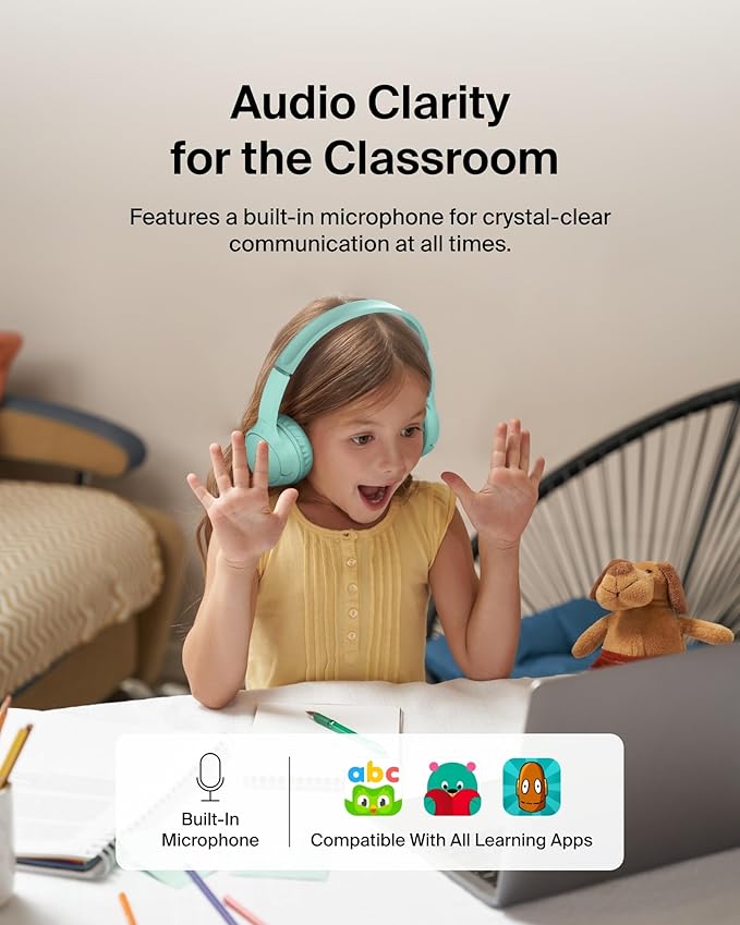 Belkin SoundForm Mini - Wireless Bluetooth Headphones for Kids with 30H Battery Life, 85dB Safe Volume Limit, Built-in Microphone - Kids On-Ear Earphones for iPhone, iPad, Fire Tablet & More - Mint-CubbioJoy