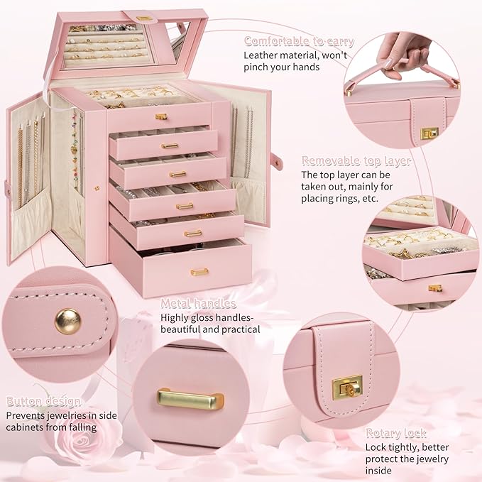 AKOZLIN Huge Jewelry Box Organizer Functional Extra Large Leather Jewelry Storage Case for Women Girls Ring Necklace Earring Bracelet Holder Organizer with Mirror-CubbioJoy