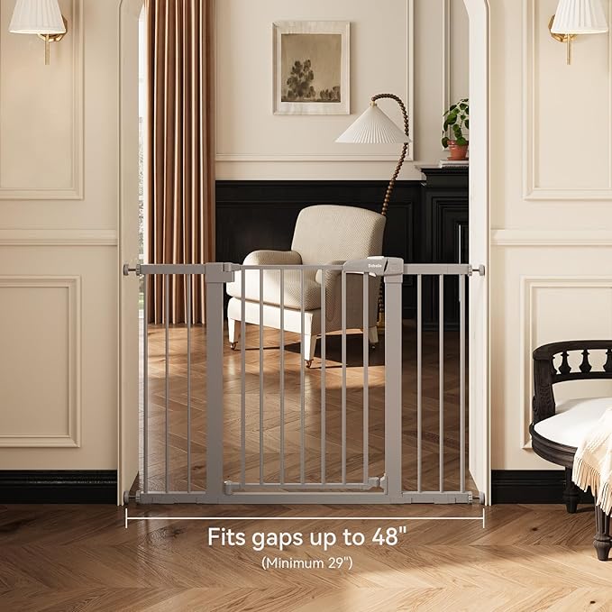 Babelio Metal Baby/Pet Gate, 29-48'' Auto Close Easy Install, Extra Wide Walk Thru for Child Safety, Pressure Mounted Dog Door for Doorways & Stairs, with Y Spindle Rods, Grey-CubbioJoy