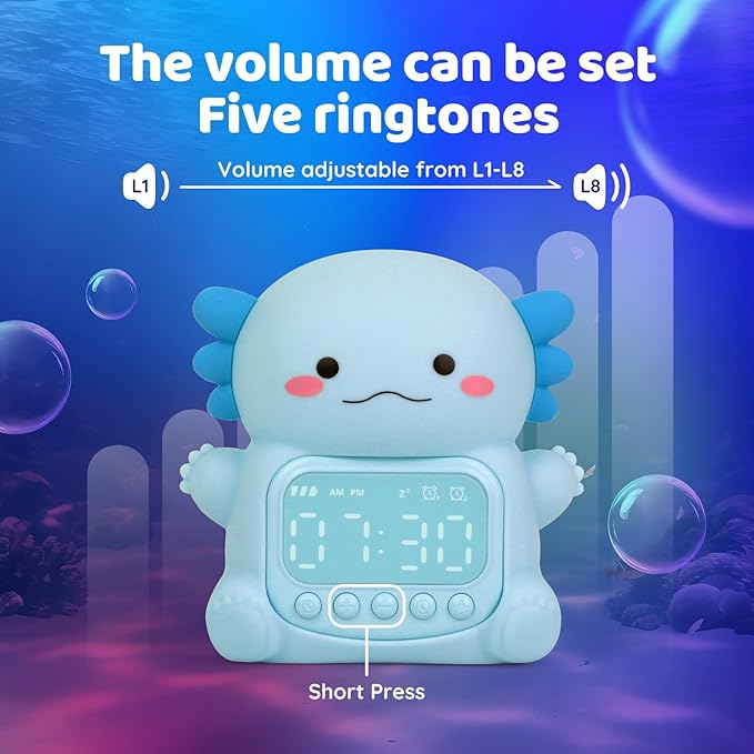 Axolotl Alarm Clock with Night Light for Kids, Rechargeable Silicone Lamp Time to Wake Clock Cute Animal Tabletop Lamp, Perfect Sleep Companion for Boys Girls, Blue-CubbioJoy