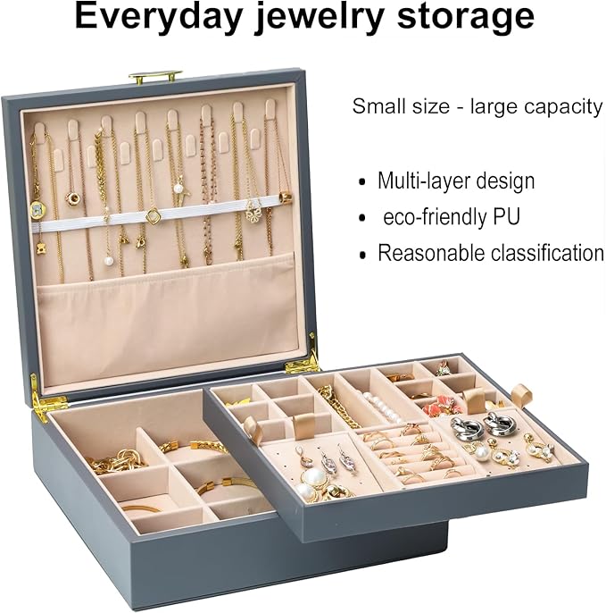 2-layer jewelry box，Jewelry Organizer with Handle，with hanging necklace hooks, detachable jewelry trays, suitable for storing a large amount of jewelry gift box (Large-Grey)-CubbioJoy