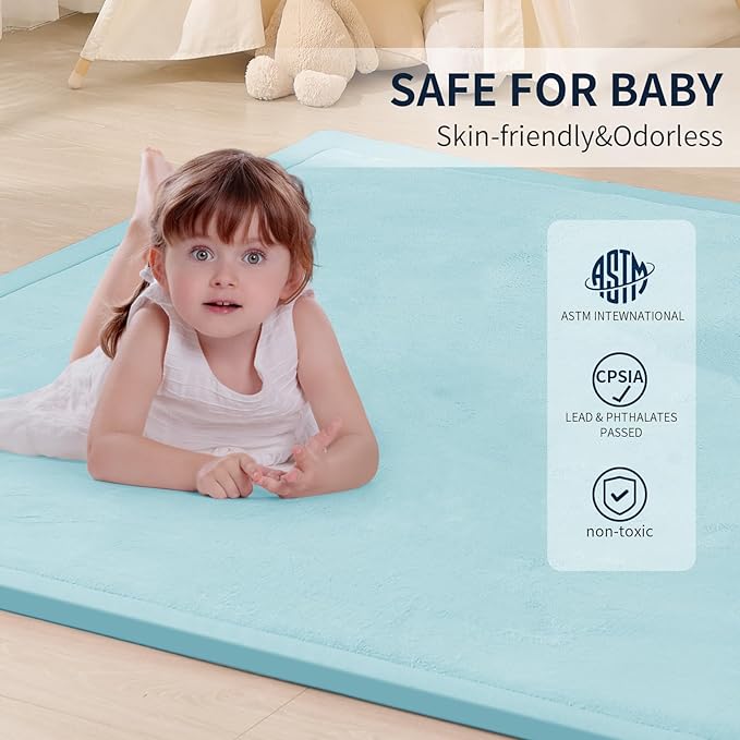 ACOMOPACK Baby Play Mat for Floor 1.3" Thick Memory Foam Play Mats 71"×79" Tummy Time Crawling with Non-Slip Bottom for Living Room,Nursery,Soft Velvet Playpen for Kids,Infants（Light Blue）-CubbioJoy