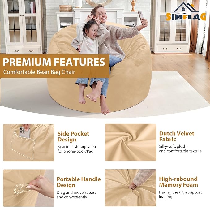 3FT Bean Bag Chair, Comfy Bean Bag Chairs with Memory Foam Filled, Fluffy Beanbag Sofa with Dutch Velvet Cover, Round BeanBag Chairs for Living Room, Playroom - Khaki-CubbioJoy