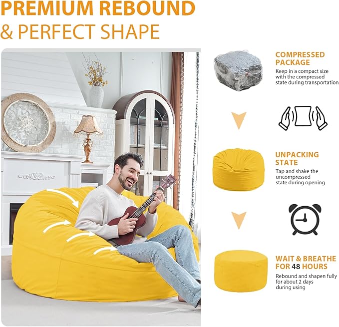 5FT Bean Bag Chair, Large Bean Bag Chairs with Memory Foam Filled, Fluffy Beanbag Sofa with Dutch Velvet Cover, Round BeanBag Chairs for Living Room, Playroom - Lemon-CubbioJoy