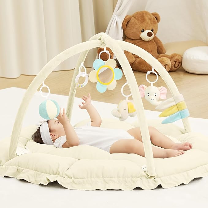 ANGELBLISS 5 in 1 Baby Play Gym Mat, Reversible Tummy Time Mat with 5 Sensory Toys for Stage-Based Developmental, Thick & Large Baby Activity Center from Newborn to Toddler (Beige)-CubbioJoy